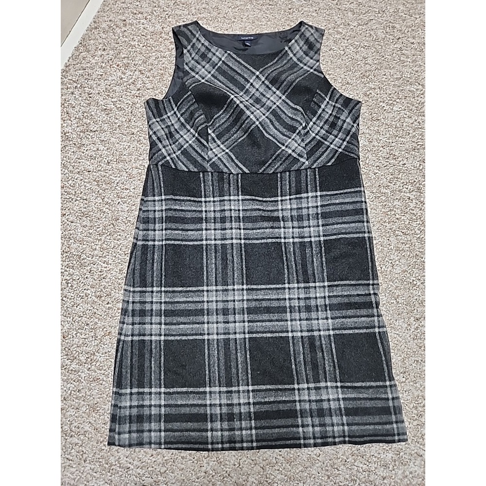 Lands End Wool Blend Sleeveless Straight Jumper Plaid Black Gray Dress 14 Pocket